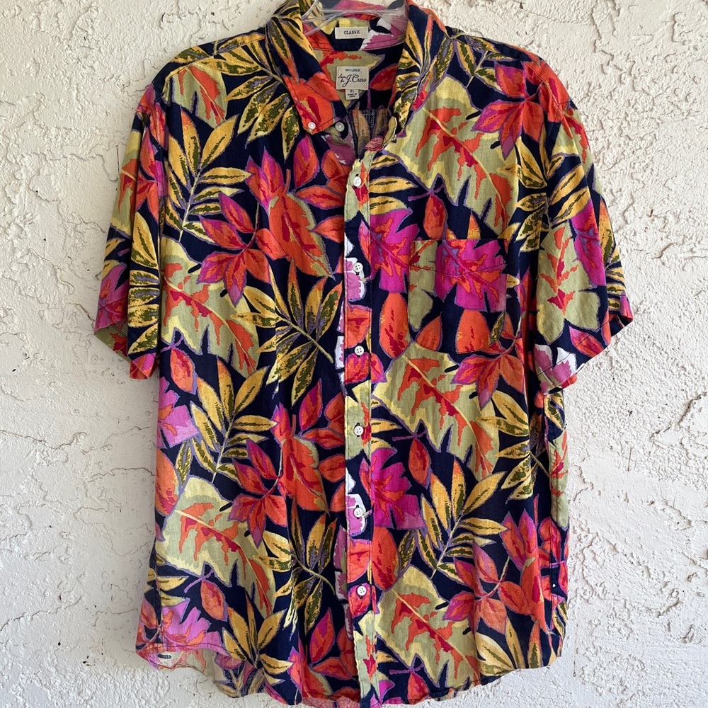 J. CREW Mens Linen Shirt Bright Colorful Floral Hawaiian Aloha Classic Fit XL